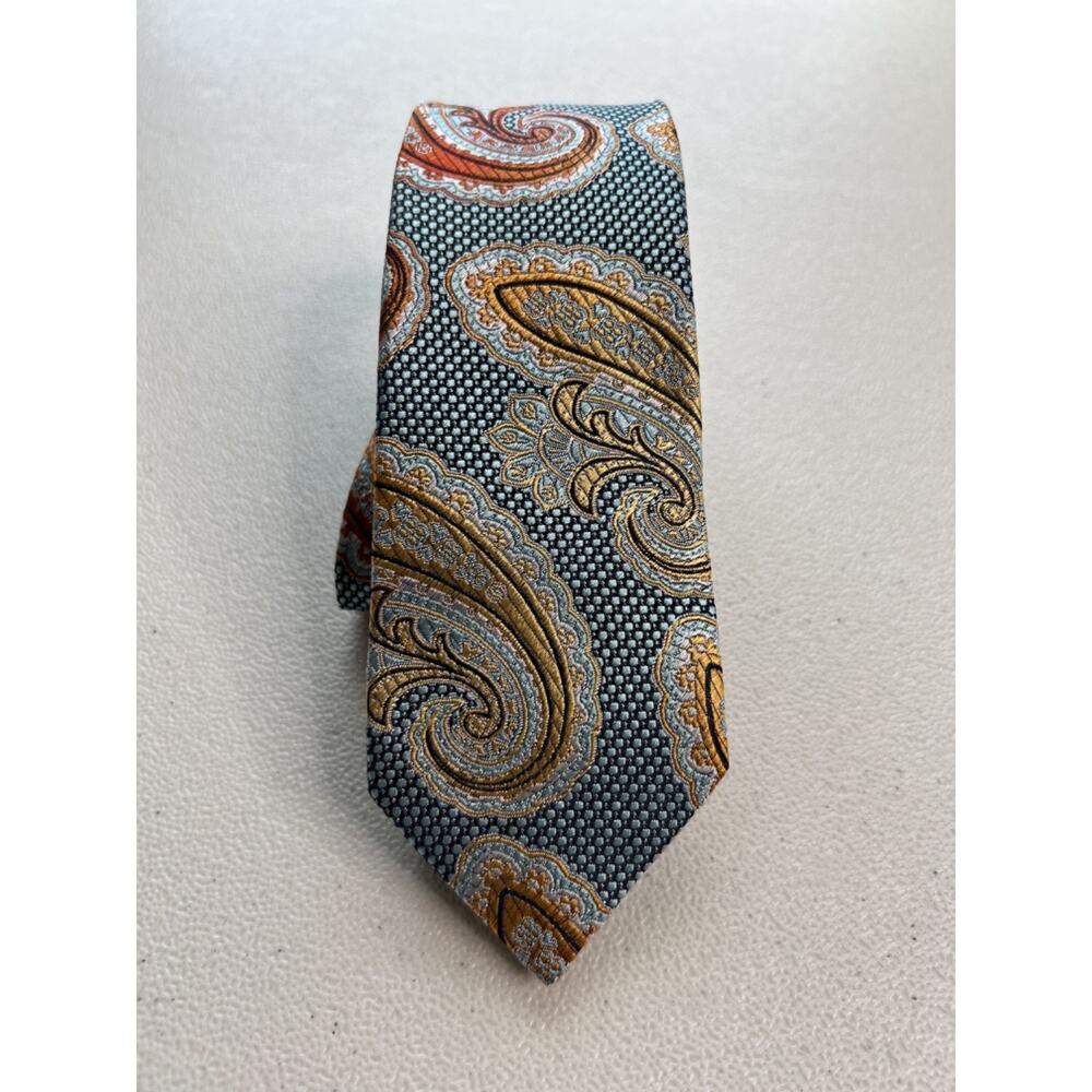 Iinnea FRANCO Hand Made Light Blue with Tan Paisley 100% Silk Skinny Tie